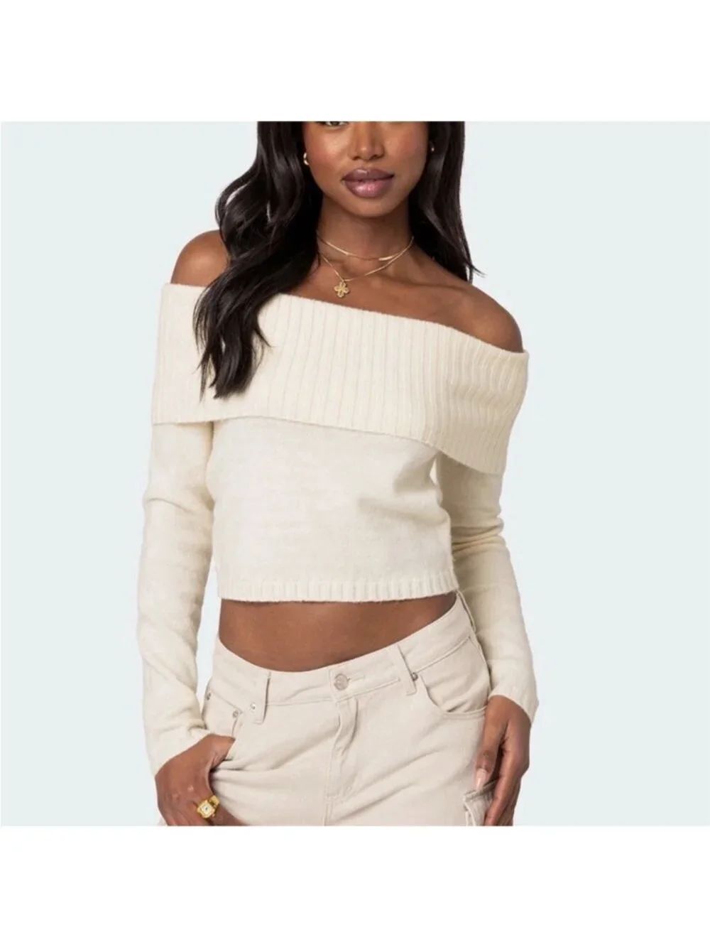 Edikted Tamara Solid Cream Off Shoulder Foldover Turtleneck Knit Sweater XS
